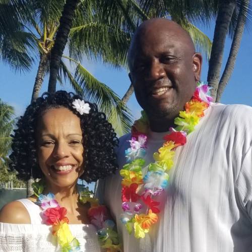 Jay with his spouse, Cornelia, on the island of O’ahu during their 25th wedding anniversary celebration