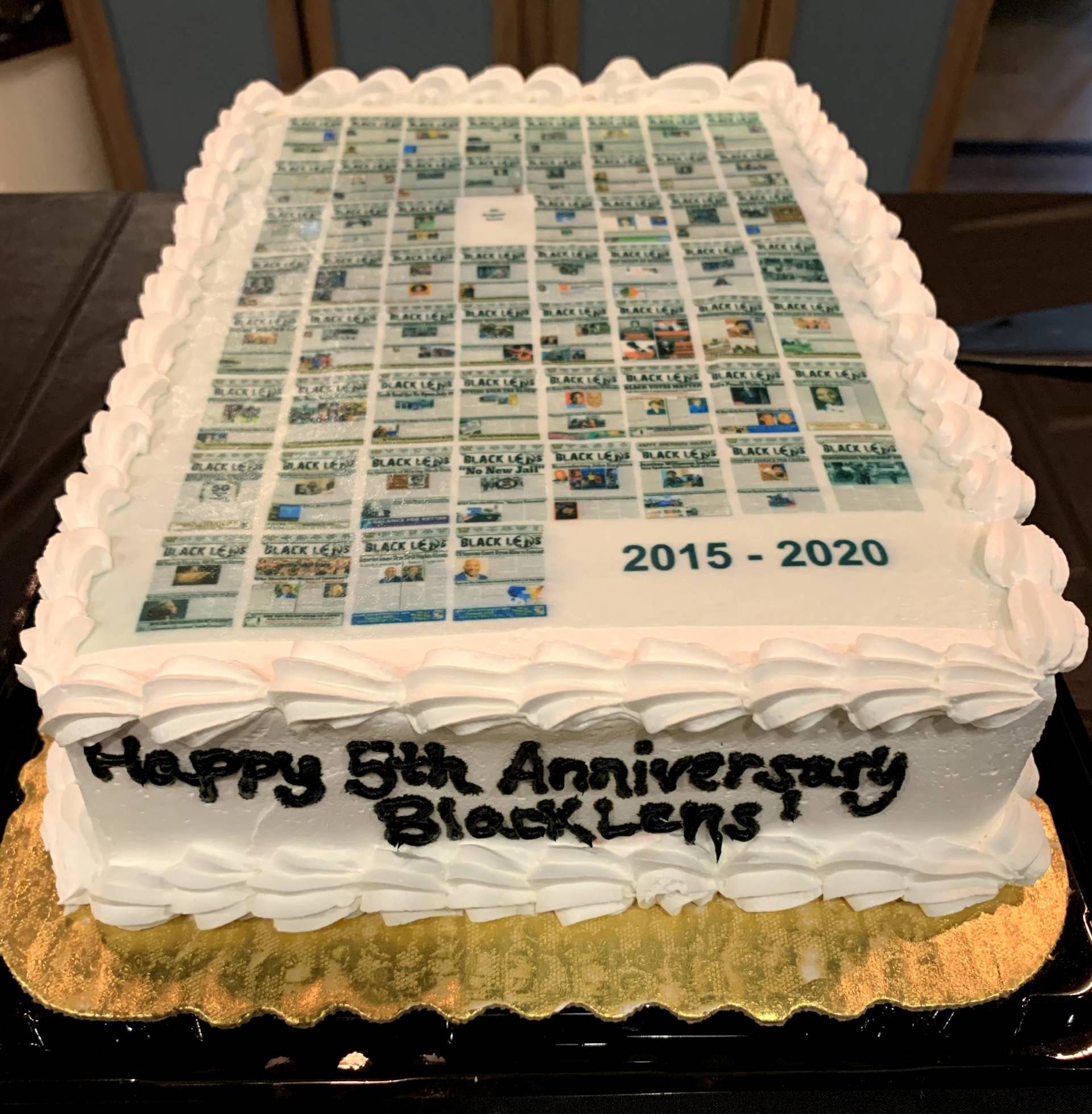 A cake with Black Lens front pages over the years. January 2020 marked the paper’s five-year anniversary.