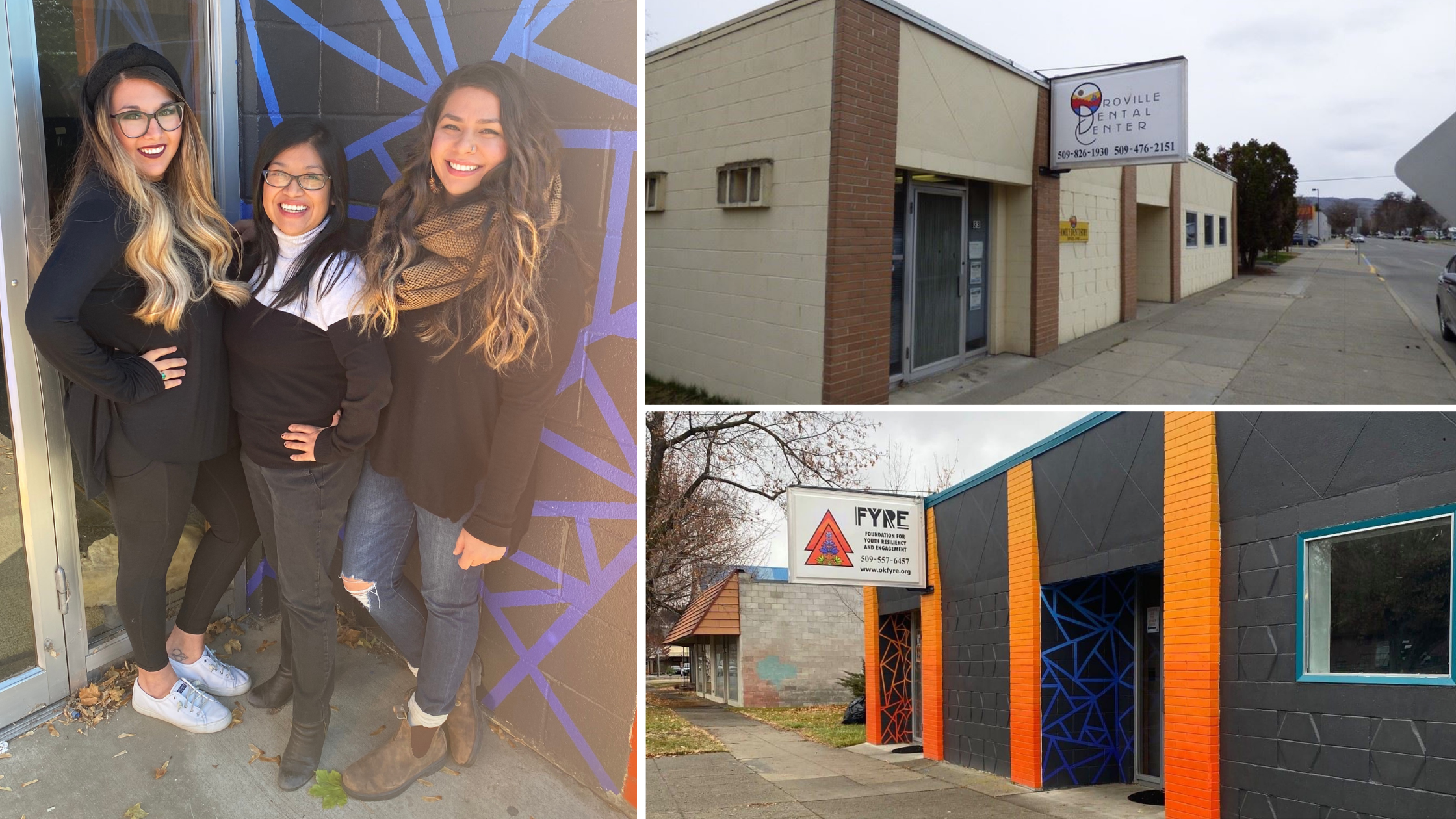 The three co-founders of FYRE, Amitie, Mady, and Michelle Sandoval with a “before” and “after” of their newly renovated building. Photos courtesy of FYRE.